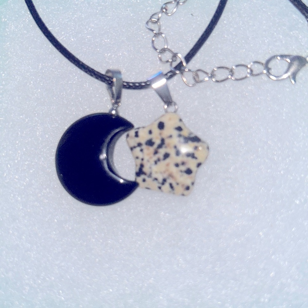 Gothic Black Onyx Moon and Dalmatian Jasper Star Black 18-20" Necklace